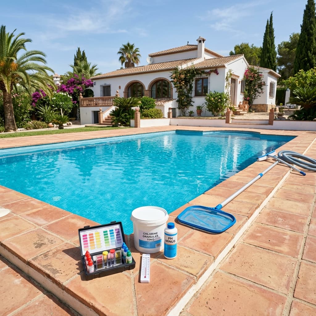 Professional pool maintenance setup at a Spanish villa